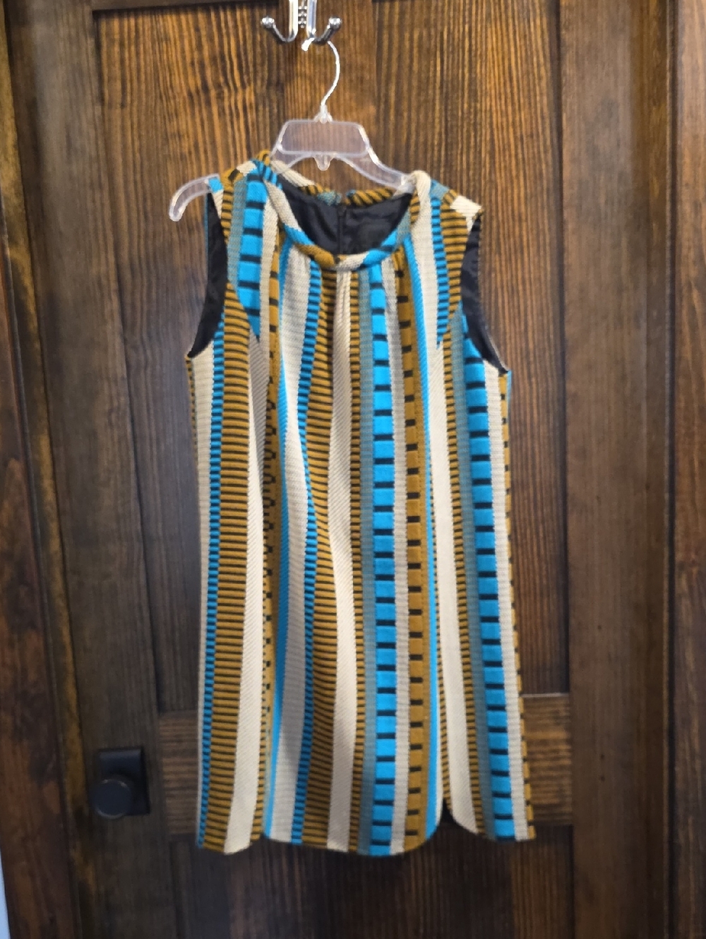 Anna Sui Striped Sleeveless Mini Dress in Teal, Mustard & Cream